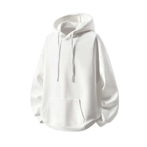 Image of AEGJEGVD Mens Hoodies,Solid Color Hooded Long-Sleeve Hoody with Kangaroo Pocket & Drawstring Tops Casual Loose Pullover Sweatshirt Autumn Winter Comfort Warm Gym Sport Hoodie UK Size M-5XL White