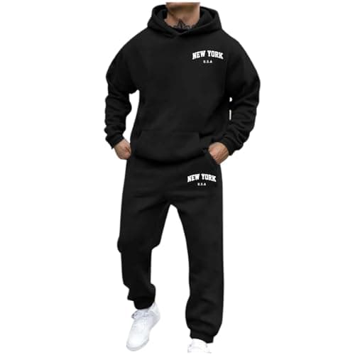Image of Mens Vintage Shirts and Shorts Set 2 Pieces Plain Athletic Tracksuit Hoodie with Joggers Sweatpants Casual Sports Activewear Set Adults Hippie Outfit Jogging Suit Set for Running Xmas Gift Black