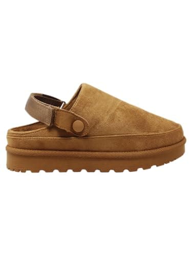 Image of Ladies' Flat Suede Warm Fluffy Faux Fur Slingback Clog Slippers with Multi-Way Strap - Perfect for Walking Shoes (Camel, Adult, Women, 3, Numeric, UK Footwear Size System, Medium)