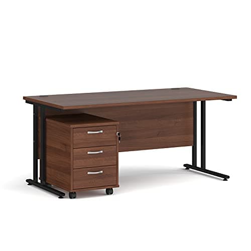 Image of Mr Office Maestro 25 straight desk 800mm deep with black cantilever frame and 3 drawer pedestal bundle, Walnut, 1600