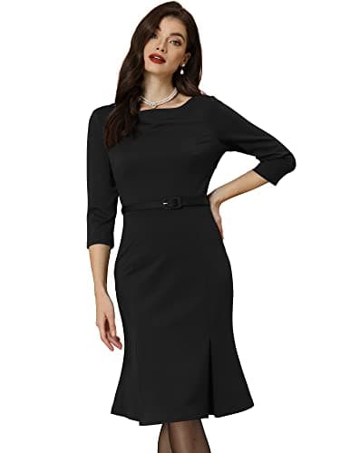 Image of Allegra K Business Elegant Funeral Dresses for Women's Boat Neck 3/4 Sleeve Pleated Modest Midi Dress Black M