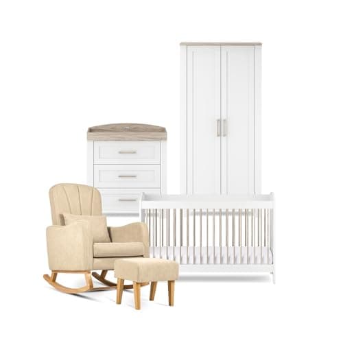 Image of Silver Cross - Valencia 4-piece set - Cot Bed & Dresser With Intergrated Changing Top, Full Size Kids Wardrobe & Carmel Nursing Chair - Nursery Furniture - Timeless White With Natural Oak Accents