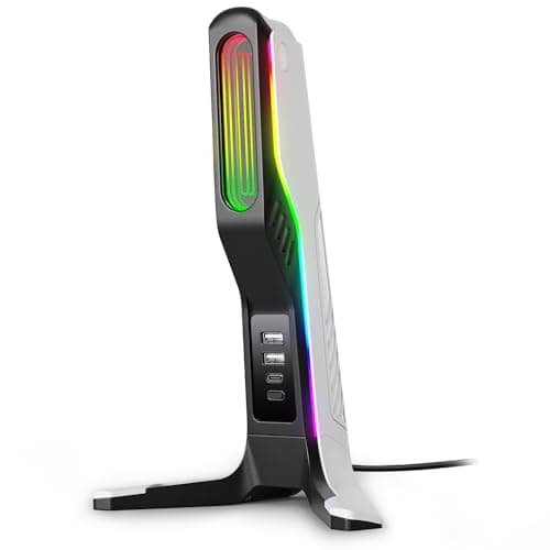 Image of IFYOO RGB Gaming Headset Stand for PC, Xbox, PS5, with 2 USB and 1 Type-C Port, Earphone Holder, Desk Accessories, Black & White