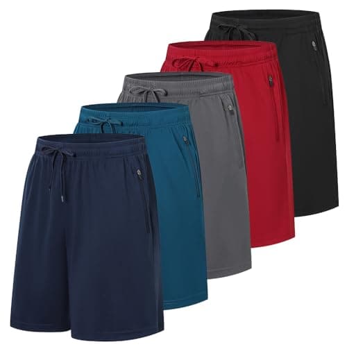 Image of Cimic 5 Pack Men's Sports Shorts Gym Exercise Running Shorts Mens Quick Dry Training Short with Zip Pocket for Workout Sport Tennis Basketball Breathable Short(D3010-Black Grey Green Navy Red-M)