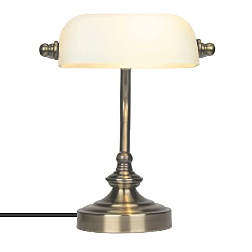 Image of FIRVRE White Glass Banker Desk lamp, Classic Bronze Finish Base Vintage Table lamp, Bankers Lamp for Office Library Study Study Bedroom Bedroom,Mini Size 18.5D x 10W x 24H cm