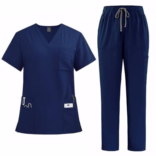 Image of Meichoon Medical Uniform Set Nursing Scrubs with V Neck Top Straight Leg Pants Stretchy Waist Durable DK77Dark Blue S