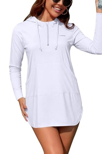 Image of SHEKINI Womens Long Sleeve Rash Guard Shirts Hood 1/4 Zipper Swim Shirts with Pockets Cover Up UPF50+ Sun Protection Wetsuit Swimming Suit, White, M