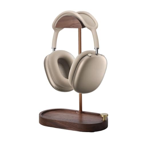 Image of NIRVASH Headphone Stand Wood, Wooden Headset Stand for Desk, Walnut Headphone Holder with Storage Base Compatible with Airpod max, Bose, Razer, Sennheiser, Shure, Jabra, JBL, AKG, Brass