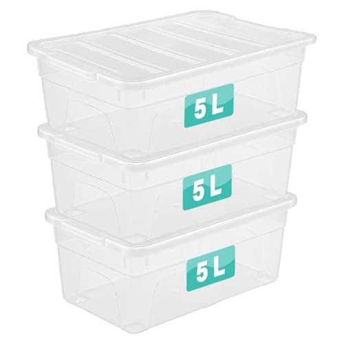 Image of Optimal Products 3 x 5 Litre Clear Plastic Storage Boxes With Lids Set of 3, Transparent Multipurpose Nestable Stackable Plastic Box With Lid Containers For Home, Kitchen, Garage, Office, Accessories