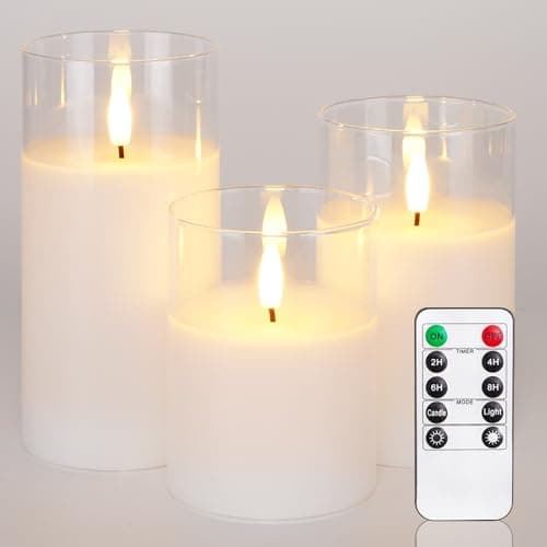 Image of Homemory Real Wax Flameless Candles Flickering with Clear Glass Shell, Battery Operated LED Pillar Candles with Remote Control and Timer, Fake Electric Candles, 3D Realistic Flame, White, Set of 3