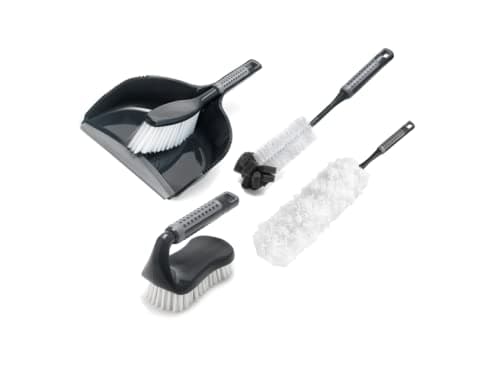 Image of Addis Comfi Grip Soft handle Set of 4, Dustpan & Brush Set, Long handle Bottle Brush, Microfibre Duster and Iron Scrub, Metallic Grey