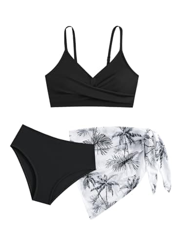 Image of Girls Bikini Set with Cover Up Skirts Cross Strap Swimsuits 3 Pieces Swimming Costume Swimwear Kid Bathing Suit for Teens Size 9 10 11 12 13 14 Years Black