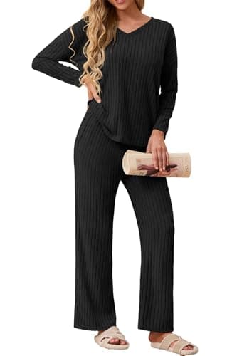 Image of GRECERELLE Womens Pyjamas Set Lounge Wear Pjs for Women UK Ribbed Loungewear Autumn 2 Piece Outfits V-Neck Long Sleeve Blouses And Wide Leg Trousers Sleepwear Homewear (Black, XL)
