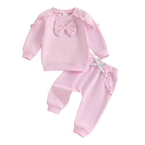Image of XIXIMAON Infant Baby Girl Tracksuit Long Sleeve Crew Neck Ruffle Bow Sweatshirt Drawstring Trousers Set Toddler Autumn Clothes Newborn Winter Outfits (Pink, 2-3 Years)