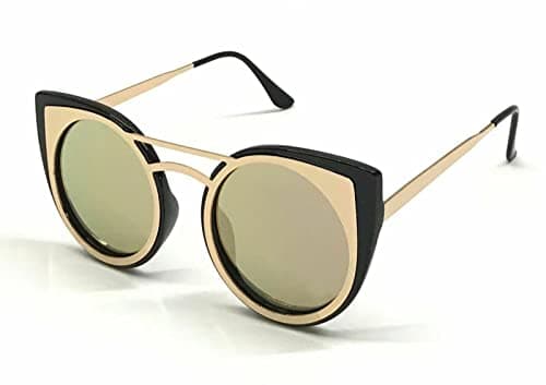Image of Stylish Retro Ladies Big Black Cat Eye Sunglasses Rose Gold Mirrored UV400 Lens