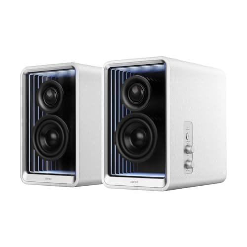 Image of Edifier QR65 Desktop Active Monitor with 2.75" Long-Throw Aluminum Diaphragm mid-Low Drivers, Hi-Res Audio, Brilliant Light Effects, 70W Output Power Bluetooth Speakers with Stands - White