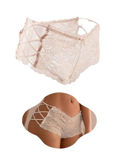 Image of ohmydear Women's Floral Lace French Knickers Sexy Strappy Tanga Briefs Ladies Underwear Hollow Out Femboy Panties Plus Size Nude G String Thongs for Women Uk 14