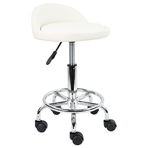 Image of KKTONER PU Leather Round Rolling Stool with Foot Rest Height Adjustable Swivel Drafting Work SPA Task Chair with Wheels (White)