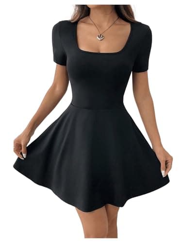 Image of GORGLITTER Women's Tennis Dress with Shorts Square Neck Short Sleeve A Line Skater Mini Golf Dresses with Pocket Black X-Small
