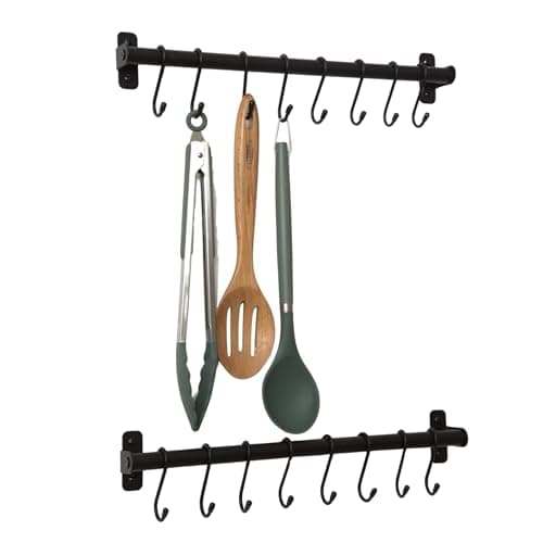 Image of simplywire - Kitchen Utensil Holder and Organiser - Pack of 2 – Wall Mounted Rail Pan Rack – 16 Hanging Hooks – Black