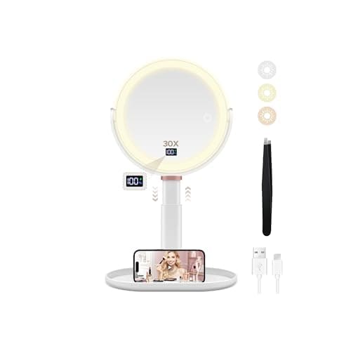 Image of B Beauty Planet Magnifying Mirror with Light 30X/1X, Height Adjustable Makeup Mirror with Digital Display, Detachable for Travel, Bathroom Vanity Mirrors with Cell Phone Holders and Tweezers (White)