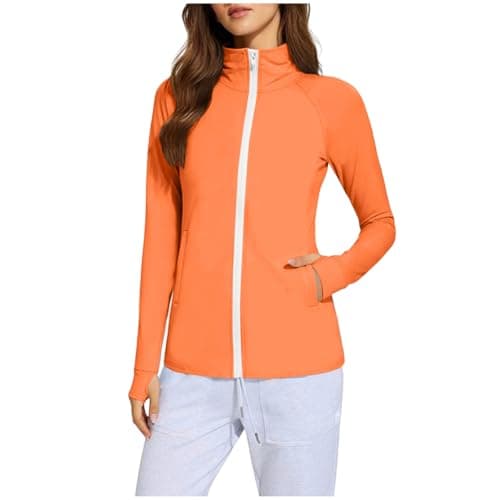 Image of Womens Long Sleeve Athletic Shirt UPF 50+ Full Zip Running Jacket Lightweight Activewear with Thumb Holes and Pockets Sports Sun UV Sun Protection Tops for Golf Gym Hiking Fishing Orange