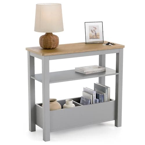 Image of CHRISTOW Slim Console Table with Oak-Effect Top, Middle Shelf & 2 Storage Compartments, Side Table for Sofa, Living Room, Hallway & Small Spaces, Sturdy MDF, Grey Finish, H60cm x W65cm x D28cm