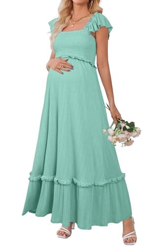 Image of OUGES Womens 2025 Summer Maternity Maxi Dresses for Photoshoot Ruffle Sleeve Square Neck Wedding Guest Baby Shower Long Dress Flowy Pregnancy Must Have Maternity Clothes (Sage,L)