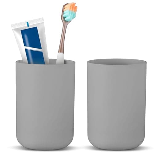 Image of Dimeho 2 Pcs Toothbrush Holder Cup 300ml Plastic Bathroom Tooth Brushing Tumbler Mouthwash Cup for Travel Rinsing Drinking Vanity Countertop Toothpaste Wash Up Washing (Grey)