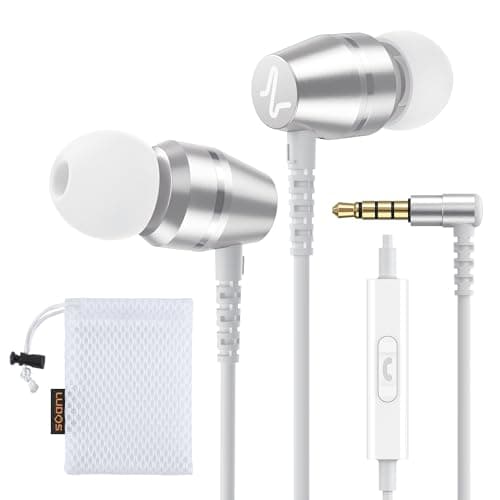 Image of Ludos OMNITONE Wired Earbuds in-Ear Headphones, Earphones with Microphone, 5 Years Warranty, Noise Isolation Corded for 3.5mm Jack Ear Buds for iPhone, iPad, Samsung, Laptop, Gaming, Sports - White