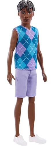 Image of Barbie Fashionistas Style Ken Doll #253 with Brown Hair, Wearing Lavendar Shorts with Turquoise and Lavender Argyle Shirt, White Shoes, JJN67
