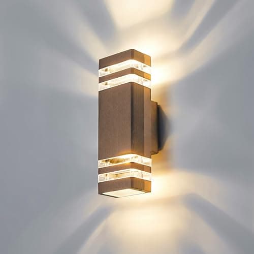 Image of CELAVY Outdoor Wall Lights Mains Powered Outside Up Down Lights, IP65 LED Porch Front Door Light, Waterproof Square GU10 Exterior Modern Lighting External Electric Sconce Lamp for House, Brown