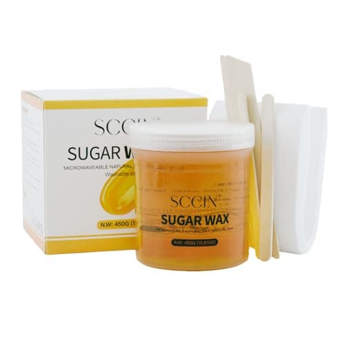 Image of SCCIN 100% Natural Sugar Wax Hair Removal Kit 450g, Microwavable Depilatory Wax Jar with 20 Reusable Strips & 4 Wooden Spatulas for Face and Body Waxing
