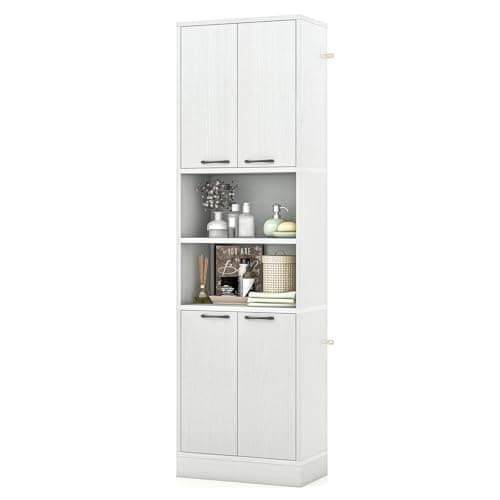 Image of TANGZON 190CM Tall Kitchen Cupboard, 4-Door Storage Cabinet with Enclosed Cabinets, Open Compartments & Anti-tipping Kits, Freestanding Wooden Tall Sideboard for Pantry Dining Living Room (White Oak)
