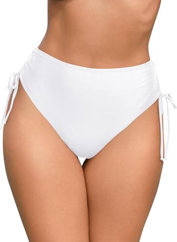 Image of SHEKINI Women's High Waisted Bikini Bottoms Drawstrings Side Swim Briefs Moderate Coverage Swimsuit Bottom Bathing Suit Swimwear White