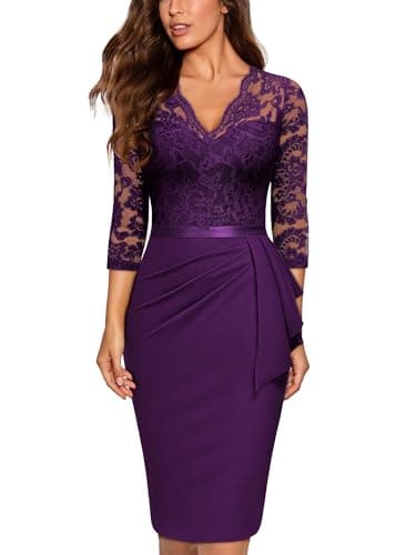Image of MIUSOL Women's Vintage Lace V-Neck 3/4 Sleeves Cocktail Party Formal Wedding Guest Work Bodycon Dress (X-Large, Purple)