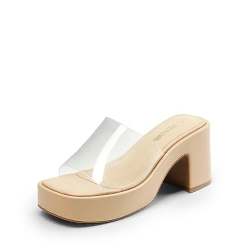 Image of DREAM PAIRS High Chunky Platform Heels for Women Fashion Comfort Slip on Square Open Toe Block Heel Sandals,Size 7.5,Nude-Clear,SDHS2410W