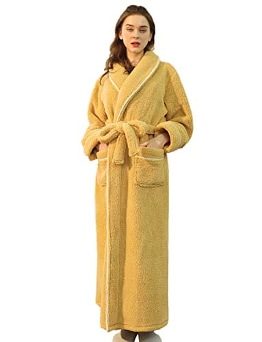Image of LOCIIXAT Fluffy Dressing Gown For Women, Soft Warm Teddy Fleece Bathrobe Long Cosy Ladies Robe (Yellow 10-14)