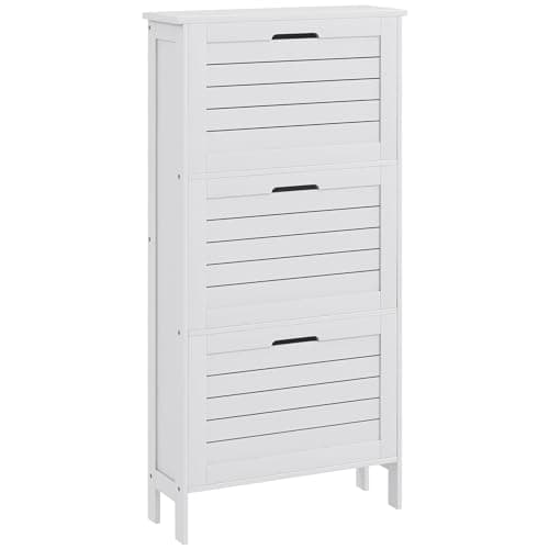 Image of HOMCOM Narrow Shoe Storage Cabinet, Slim Shoe Cabinet with 3 Flip Drawers and Louvered Doors for Hallway, White