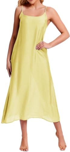 Image of Women's Cotton Silk Long Full Slips for Under Dresses Camisoles Slip Dress Cami Dress Chemise Petticoat Yellow