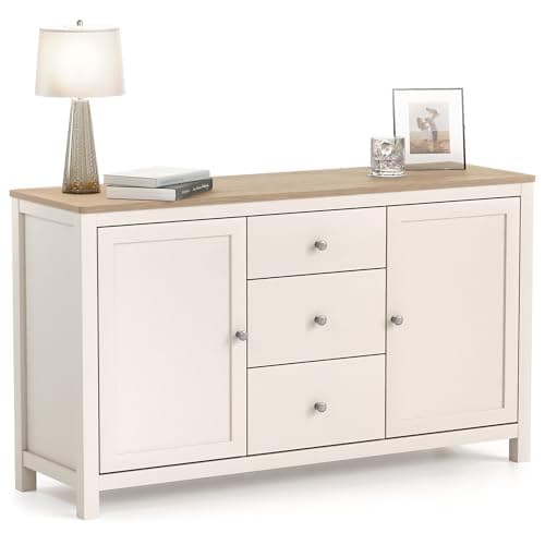 Image of CHRISTOW Sideboard Storage Cabinet with Oak-Effect Top, 3 Drawers & 2 Cupboards with Adjustable Shelves, Living & Dining Room Furniture, Sturdy MDF, Matte Painted Cream Finish, H79 x W137 x D40cm