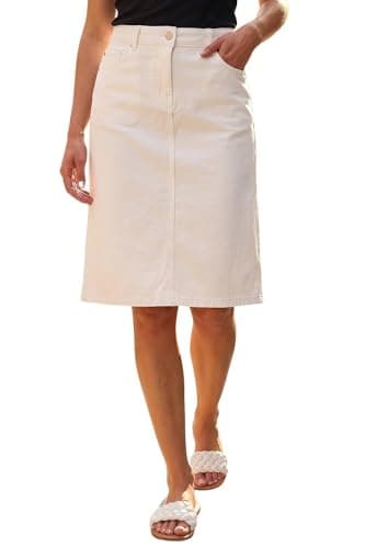 Image of Roman Originals Denim Skirt with Pockets for Women UK - Ladies Jean Skirts Cotton Stretch Mid Wash Fitted A Line Casual Smart Work Office Knee Length Flattering Slimming - White - Size 14