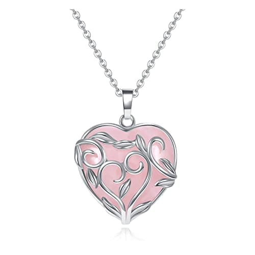 Image of JOVIVI Natural Rose Quartz Crystal Stone Healing Reiki Lucky Pink Love Heart Pendant Necklace Silver Flower Wrapped Gemstone Jewellery Women Girls Gifts