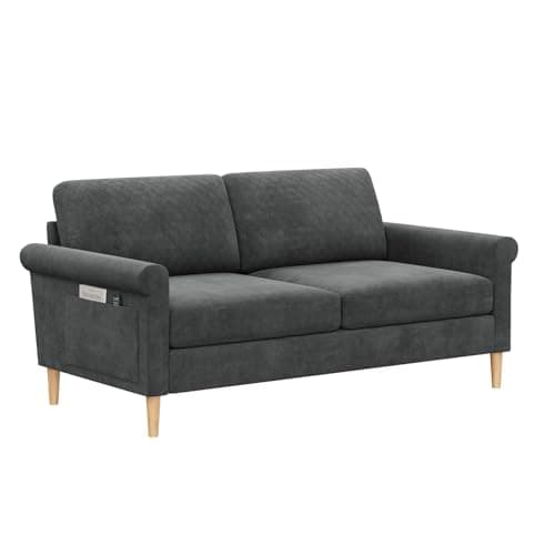 Image of Vesgantti Fabric 2 Seater Sofa, 164cm Loveseat Sofa with Bilateral Pocket Storage, Upholstered Couch Perfect for Living Room, Bedroom, Office, Small Space, Tool-free Assembly, 164L*76D*85Hcm, Grey