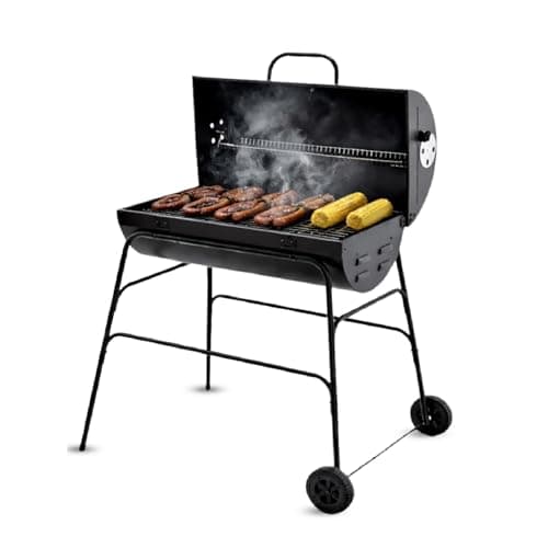 Image of Charcoal BBQ Grill Oil Drum Portable Camping Barbecue Patio Rounded on Wheels Black Heavy Duty Charcoal Barbecue & Smoker Grills with Temperature Gauge & Wheels Stand BBQ for Outdoor & camping