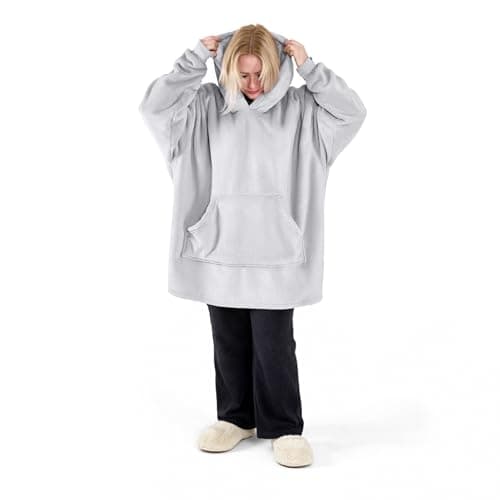 Image of Bravich Oversized Fleece Hoodie Blanket - Silver. Fluffy Hooded Blanket With Super Soft Sherpa Lining For Adults, Men & Women. Hooded Wearable Blanket Throw, Super Warm, One Size Fits All.