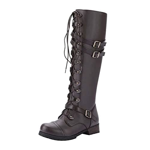 Image of Womens Lace Up Boots Waterproof Comfortable Chunky Block Heel Ladies Shoes Knee-High Casual Faux Leather Classic Side Zipper Biker Combat Military Boots Outdoor