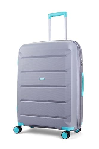 Image of Rock Tulum Medium Expandable Hard Shell Hold Suitcase in Grey/Aqua - Lightweight & Durable, 360 Swivel Wheels, Telescopic Handle, Impact-Resistant & TSA Combination Lock - 66x46x30cm 4.2KG