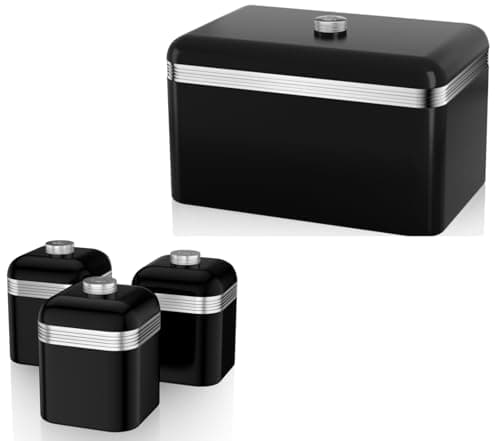 Image of Swan Retro Black Bread Bin and Tea, Coffee, Sugar Canisters. Matching Retro Design Kitchen Storage Set in Black