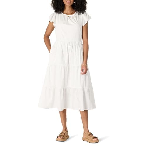 Image of Amazon Essentials Women's Relaxed Fit Cotton Sateen Modest Tiered Midi Dress, White, M
